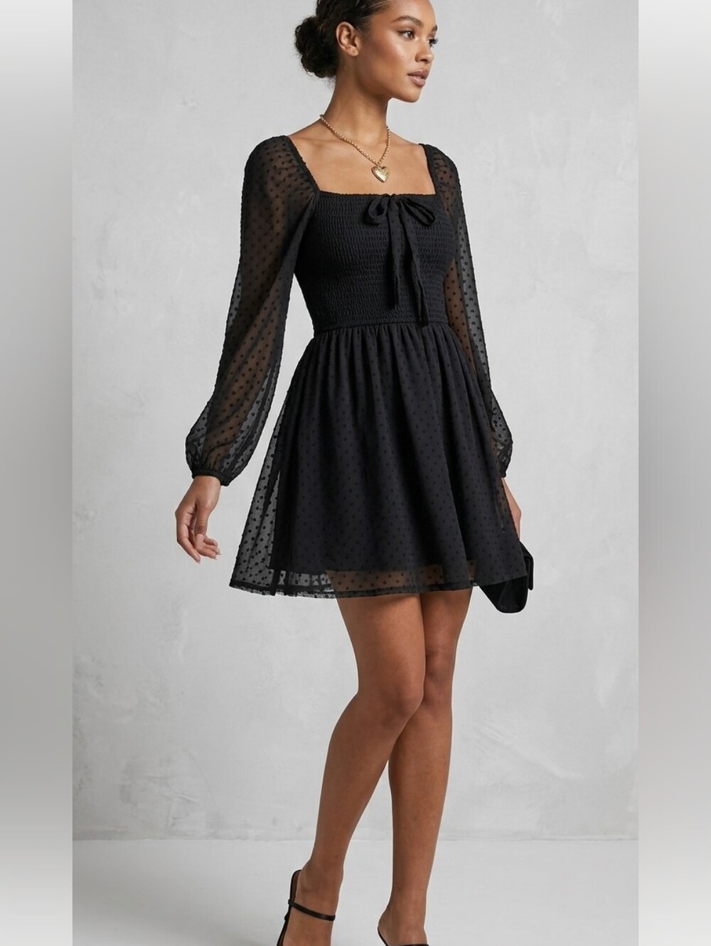 BOG Collective Black Polka Dot Sheer Long Sleeve Dress